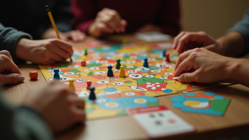 Close-up of game pieces, dice, and cards during active gameplay showing player engagement
