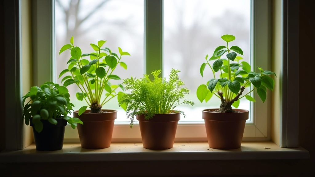 Indoor herb garden on windowsill during winter