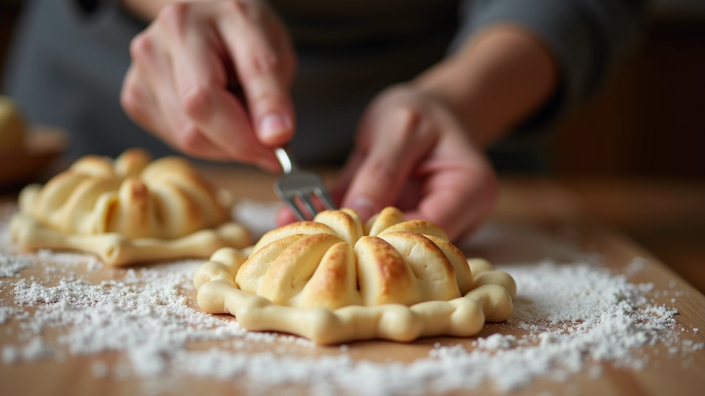 Hands shaping pirāgi dough circles into boat-shaped pastries with fork sealing the edges on floured surface