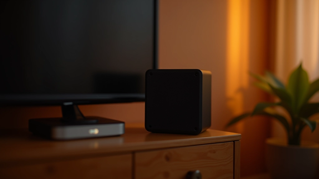 Compact speaker system positioned in home entertainment setup, wooden furniture visible, professional arrangement