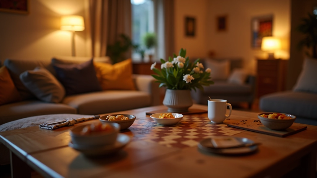 Comfortable living room setup with game night snacks, drinks, and seating arranged for group play
