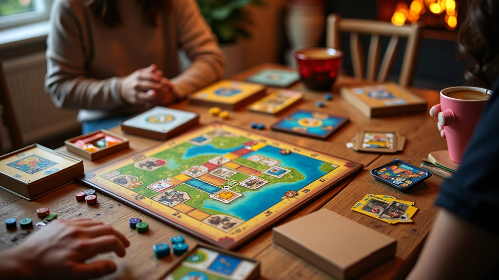 Flat lay arrangement of colorful board games with dice and game pieces on a wooden surface