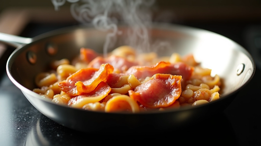 Pan with golden-cooked onions and crispy bacon pieces mixed together, steam rising, on a dark stovetop