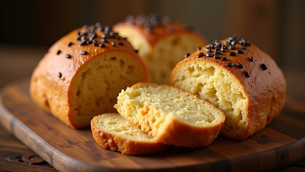 Sklandrausis traditional Latvian rye bread cake with golden-brown exterior and caraway seeds on top, sliced to show potato filling