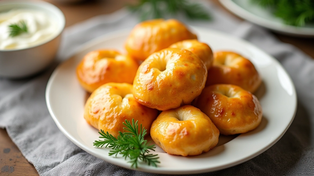 Close-up of golden-brown pirāgi pastries on a white plate with fresh dill garnish and a small bowl of sour cream on the side