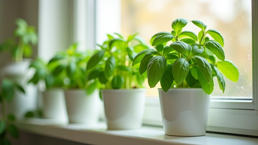 Close-up of fresh green basil and parsley in small white ceramic pots on a windowsill with natural winter light