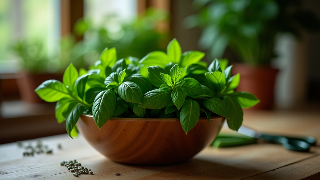 Harvested fresh herbs in a wooden bowl including basil, parsley, and chives with scissors on a kitchen counter