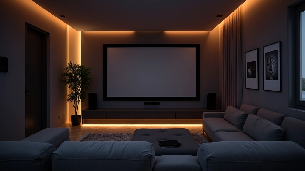 Home cinema room interior showing seating arrangement, projector screen on wall, ambient lighting setup