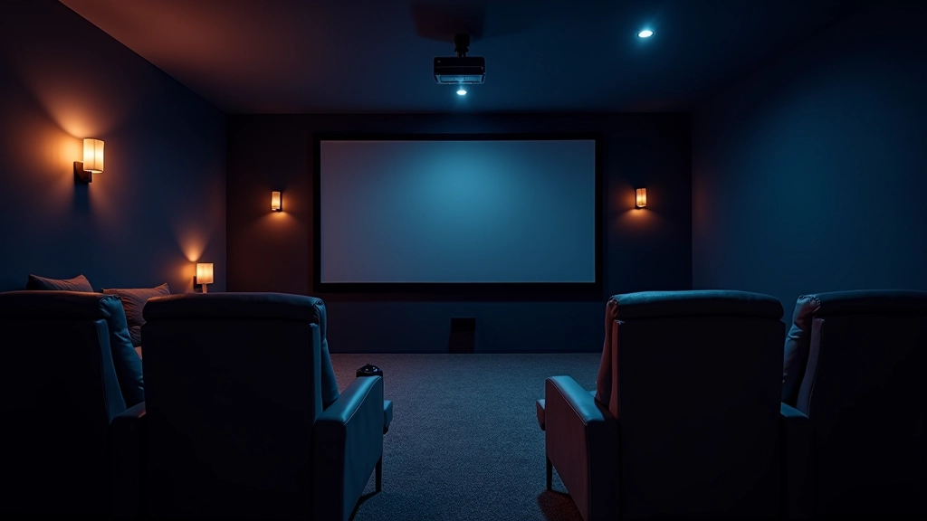 Modern home cinema room with comfortable seating, large screen display, and professional lighting setup