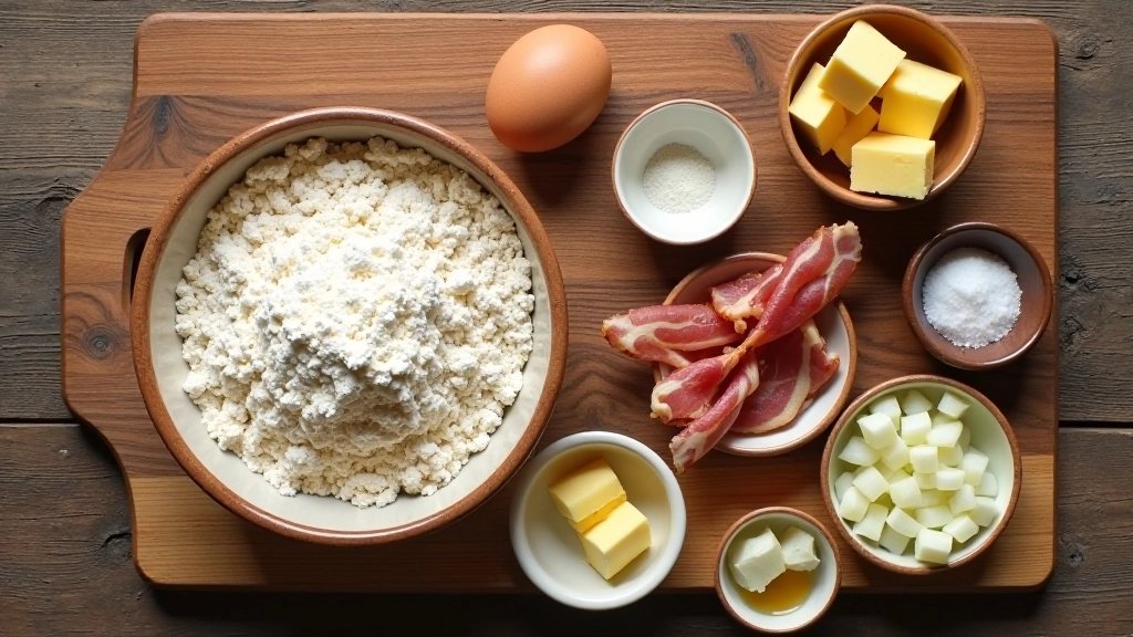 Ingredients laid out for pirāgi: flour, butter, eggs, bacon, onions, and salt measured in small bowls on wooden countertop