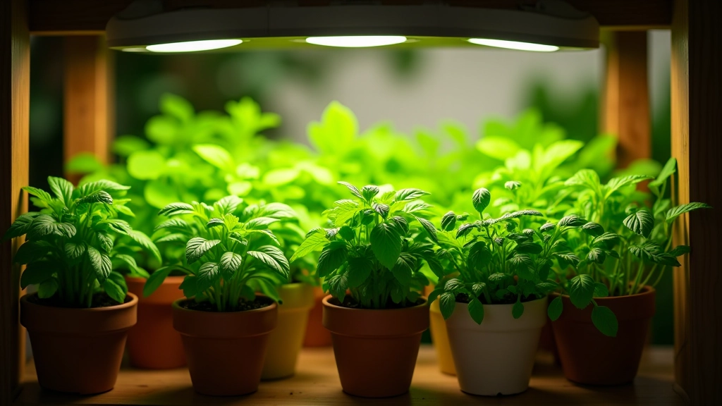 Overhead view of various potted herbs including basil, parsley, chives, and mint arranged on a wooden shelf under bright grow lights