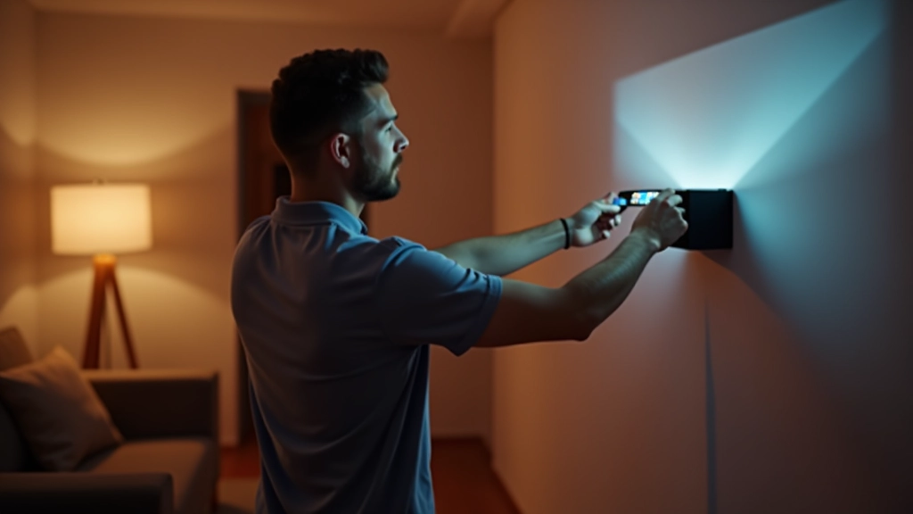 Person adjusting projector settings on wall with remote control, hands visible, focused expression, home interior