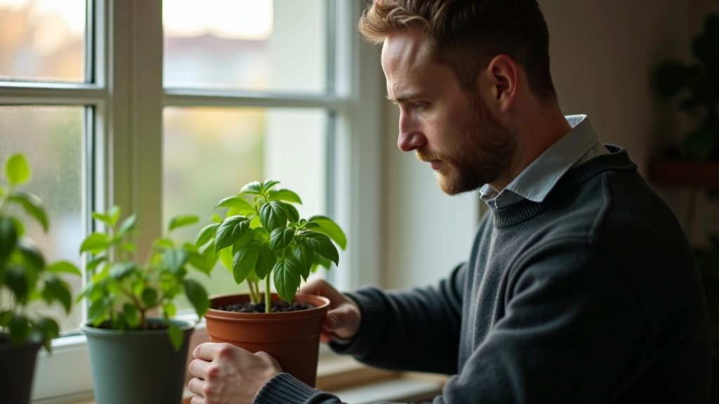 Person checking soil moisture of a basil plant in a pot on a bright windowsill, hands gently touching the soil