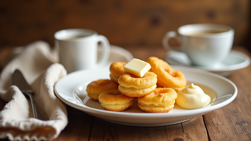 Table setting with sliced sklandrausis on white plate, butter, sour cream, and coffee cup in cozy Latvian home kitchen