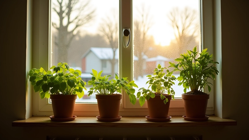 Indoor garden on windowsill with fresh green herbs and small potted plants during winter with frost on the window